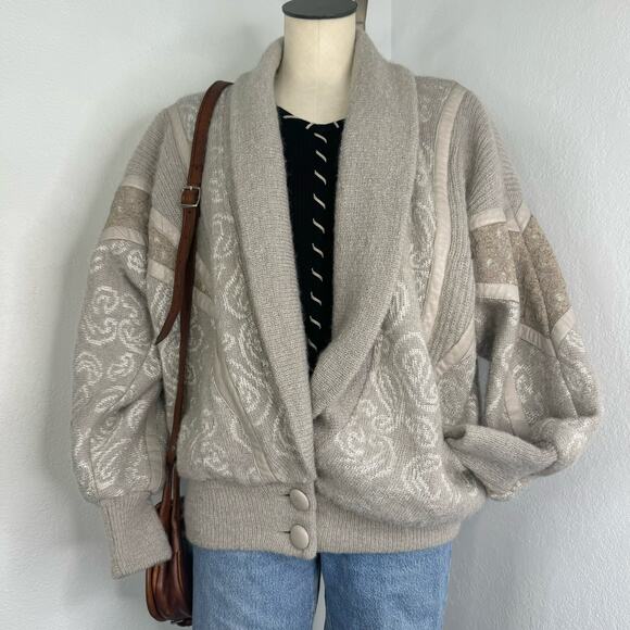 Vintage 80s Slouchy Oversized Mohair Wool Blend Jacket Coat Leather Detailing - Picture 1 of 13